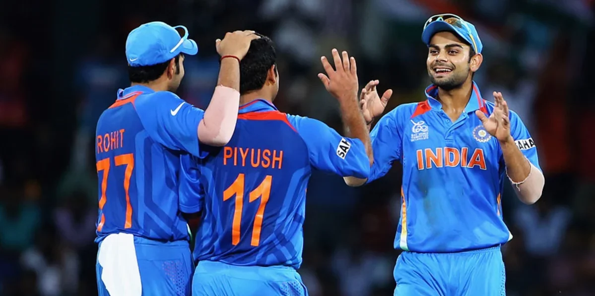 Piyush Chawla, Rohit Sharma, and Virat Kohli, England vs India, World Twenty20, 2012